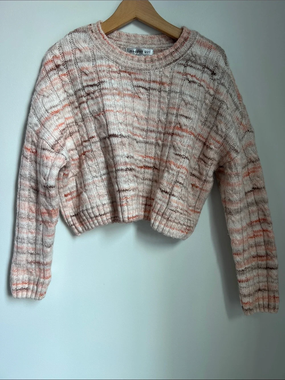 Madden Girl | Pink Brown Coral Cream Cropped Cable-Knit Sweater Size L